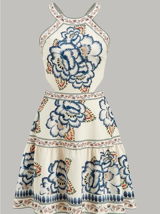 Commense Dresses & Skirts - Commense Ivory Halter Mini Dress with Navy and Coral Floral Print